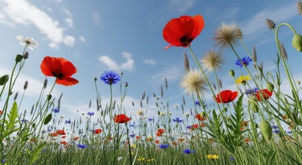 Obraz premium Vibrant wildflowers blooming under a bright blue sky