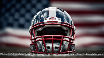 Patriotic football helmet with red facemask against an American flag backdrop, showcasing sports and national pride. Go Team!