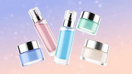 Cosmetics flying and arranging in a dynamic sequence against a vibrant sky with gentle bokeh light, perfect for beauty product advertisement footage - Powered by Adobe