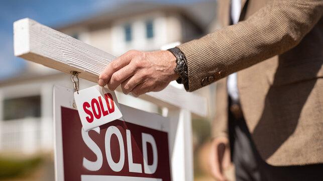 Home Sold: A person in a brown blazer places a sold sign on a real estate property. Success and transition in housing market.