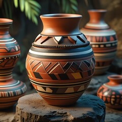 Artistic Terracotta Pottery Collection Displaying Geometric Designs and Cultural Heritage