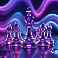 Vivid Chess Pieces Shimmering in Neon Lights With Elegant Waves