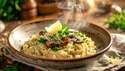 Delicious mushroom risotto dish with parmesan and herbs on wooden table