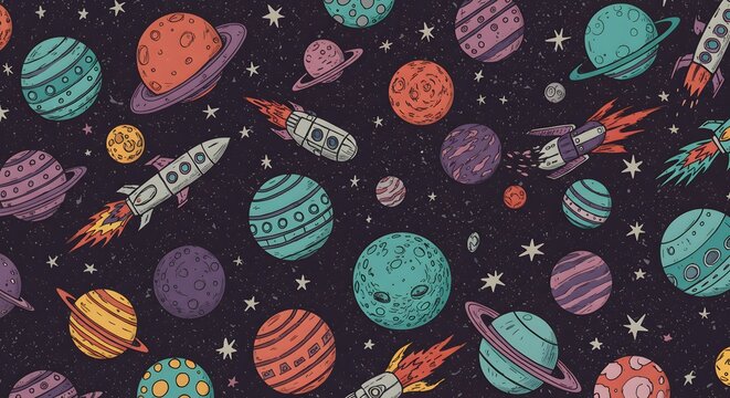 Colorful space planets rockets pattern