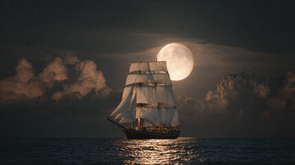 Majestic tall ship sailing under a radiant full moon, navigating the dark ocean waters with grace and mystery. A breathtaking nautical scene.