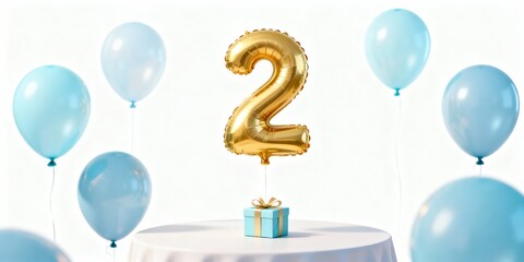 Baby boy birthday banner with gold number two balloon with blue balloons and gift on table