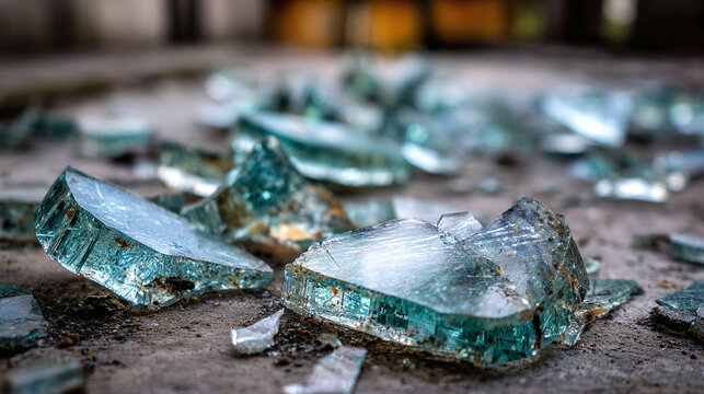 Sharp shards of glass litter a worn surface, reflections glinting on fractured edges, casting a somber, yet intriguing scene of fragility.