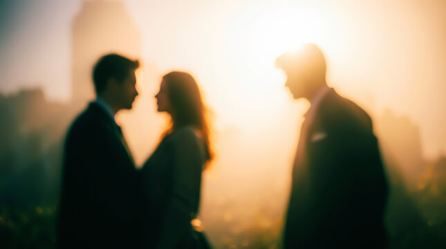 A blurred silhouette of a love triangle against a sunset, conveying drama and emotion. An illustration on the theme of choice, lost love, or complex human relationships