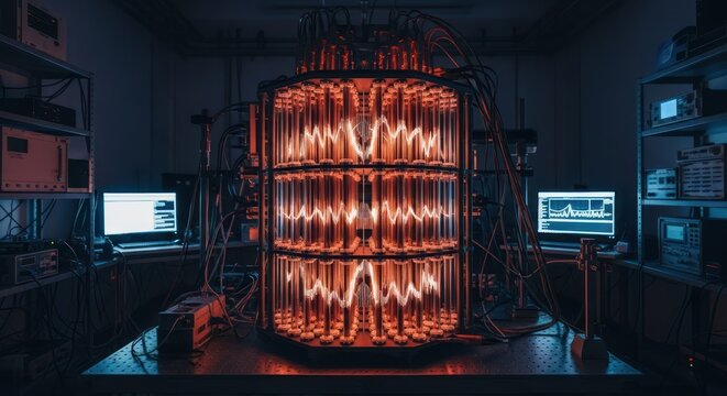 Experimental Fusion Reactor Core Glowing in a Dark Laboratory.