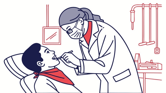 A dentist examining a patient in a dental chair with medical equipment in a clinic setting illustration