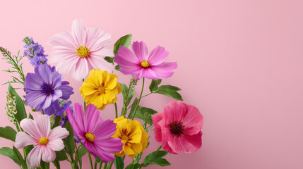 A vibrant array of colorful cosmos flowers, with shades of pink, purple, and yellow, arranged artfully on a soft pastel pink background creating a floral display.