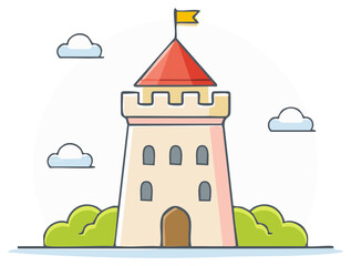Simple cartoon style castle tower with a red roof yellow flag and green bushes