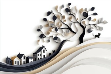 Fototapeta premium A charming, minimalist illustration of cat, trees and houses, in white, black, gray, with brown highlights