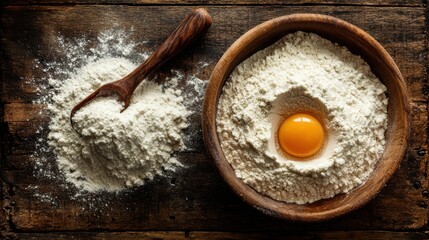 Stunning photo of flour with egg in wooden bowl and spoon on rustic wooden table top view.