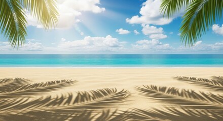 Obraz premium Tropical beach paradise with palm tree shadows and sunny sky