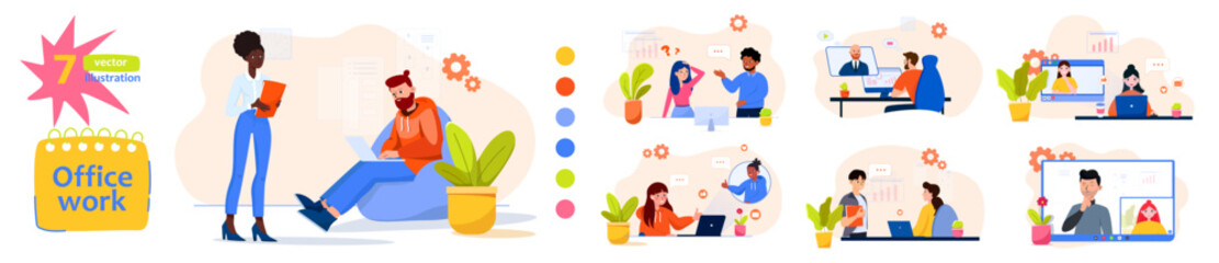 Modern Office Work Scenes Vector Illustration Pack for Websites, Presentations and Marketing. Collection of modern office work illustrations featuring people collaborating, working on laptops, holding