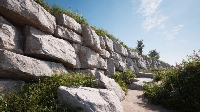 A retaining wall constructed of large gray rocks supports the earth near a path with natural greenery and blue sky providing a scenic outdoor experience.