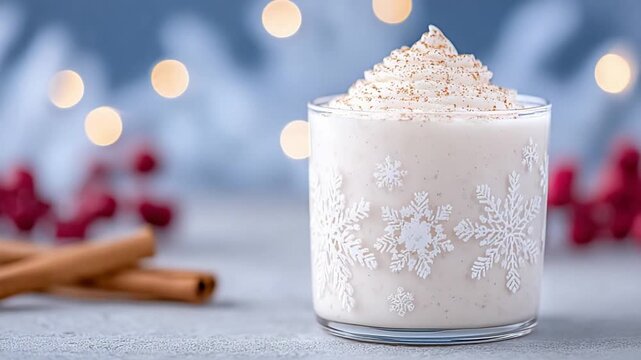Festive Delight: A beautifully decorated glass filled with an exquisite, creamy beverage, evoking a sense of cozy comfort and holiday cheer. The scene is complete with aromatic cinnamon sticks.