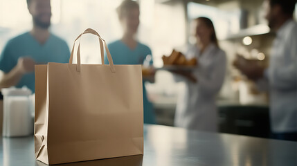Takeout bag on a counter in a restaurant or cafe, ready for customer pickup. Staff members are visible in the background.
