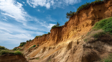 Fototapeta premium Beautiful cliffside erosion shows orange soil layers leading to lush green vegetation against a partly cloudy blue sky on a sunny day at the coast (150)