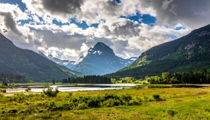 Mountain lake panorama under dramatic sky