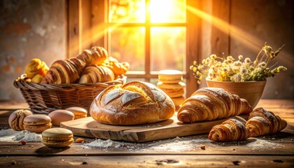 Freshly baked bread and pastries displayed on a rustic wooden table
