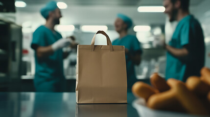 Naklejka premium Lunch break in a professional kitchen: paper bag on a sleek counter with staff in uniform chatting in the background, and food in the foreground.
