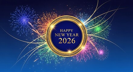 Sparkling new year 2026 celebration with fireworks and golden oval frame