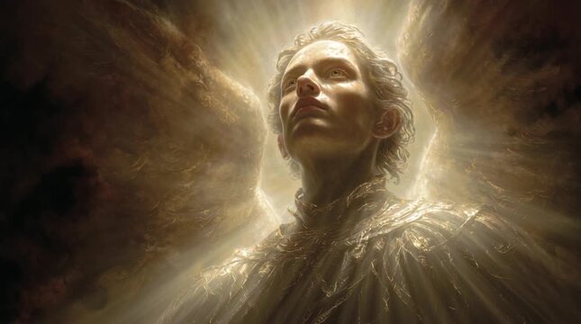 Over Mary&rsquo;s shoulder, cinematic view of the Archangel Gabriel, androgynous figure composed of shimmering, pure light, radiating power, divine presence, and ethereal atmosphere.
