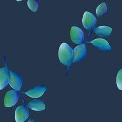 Beautiful blue and green eucalyptus on black background, seamless floral botanical pattern. Digital watercolor hand drawn. For fabric, textiles, wrappers, covers, women, girls, accessories, gifts