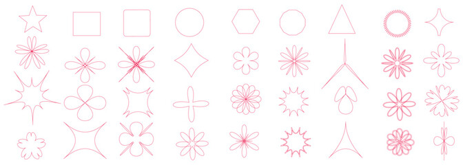 Set of Abstract Geometric Shapes and Floral Elements in Pink Outline Style for Creative Design Projects and Artistic Compositions Versatile for Various Applications