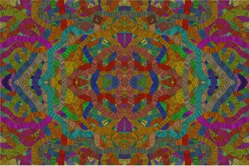 Naklejka premium A vibrant, symmetrical geometric artwork composed of colorful interlocking shapes and lines forming a kaleidoscopic.