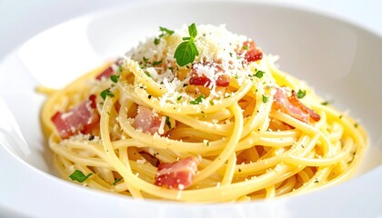 Delicious pasta dish with grated cheese and fresh herbs on white plate