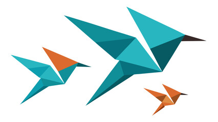 Origami Birds in Teal and Orange Flying on White Background