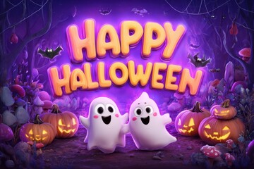 A festive purple banner with bold orange text that reads 'Happy Halloween'. The background is decorated with spooky elements, perfect for Halloween wallpapers in high definition.