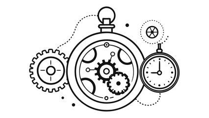 Stylized Line Art of Pocket Watch and Gears clock time