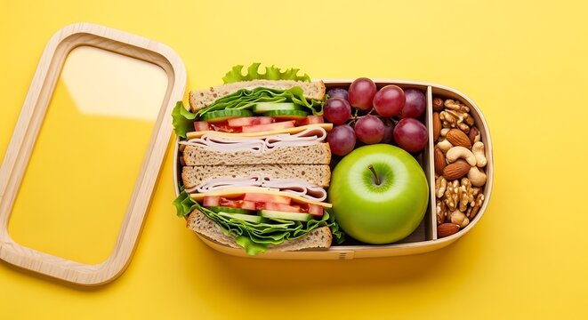 Close up of a lunchbox with sandwich apple grapes and mixed nuts inside - Powered by Adobe