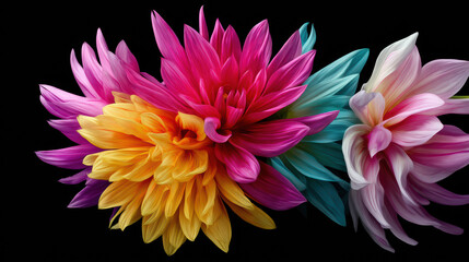 Obraz premium Vivid dahlia flowers in shades of pink, yellow, and blue blossom against a dark background, showcasing their intricate petals and vibrant colors beautifully.