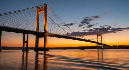 Obraz premium Dramatic Suspension Bridge Silhouette Against Vibrant Golden Sunset Sky A spectacular, low-angle photograph capturing the striking silhouette of a large cable-stayed bridge at sunset 