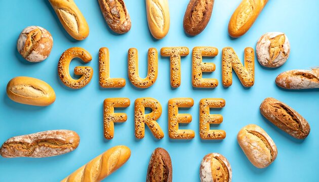 Gluten-free bread arrangement.  Various loaves of bread, light and dark, surround the words "GLUTEN FREE" in a light-colored, crisp font, arranged on a pale blue background