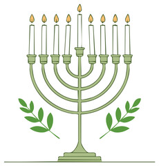 Hanukkah menorah illustration with lit candles and olive branches, traditional religious symbol