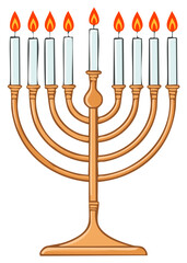Menorah with eight burning candles and a central shamash on white background