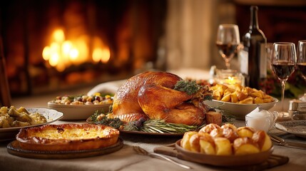 Christmas dinner table with holiday turkey, roasted potatoes, cakes, and fireplace in warm lighting