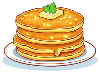 Stack of golden brown pancakes with melting butter and a sprig of parsley on a white plate