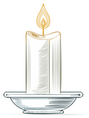 Elegant Candle with Glowing Flame on a Decorative Holder, Hand Drawn Style