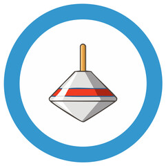 Illustration of a toy spinning top with gray body, stripes and wooden handle isolated in a blue circle frame
