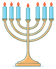 Seven branched menorah with lit blue candles Jewish religious symbol illustration