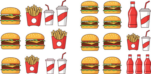 Fast food grid icon set with burgers, fries, soda cups, and bottles, black vector illustration for menu design, restaurant, and snack themes