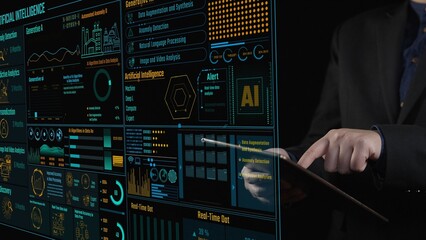 Discover a sleek user interface featuring interactive data visualizations and artificial intelligence elements, ideal for corporate presentations and analytics discussions. Cipher