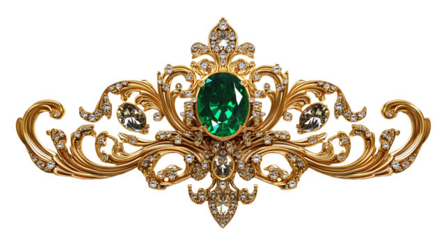 Ornate vintage golden ornament with large green gemstone for elegant decorations